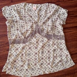 Vintage Faded Glory Cream and Brown Floral Blouse